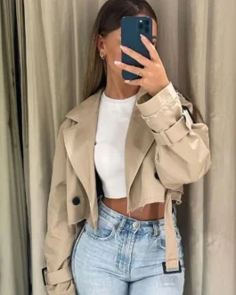 Kurtka wiosenna typu trench z paskiem 2024 dla kobiet, w stylu vintage streetwear, z podciętym pasem, z podwójnym rzędem guzików i długimi rękawami, idealna na wiosnę.