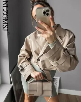 Kurtka wiosenna typu trench z paskiem 2024 dla kobiet, w stylu vintage streetwear, z podciętym pasem, z podwójnym rzędem guzików i długimi rękawami, idealna na wiosnę.