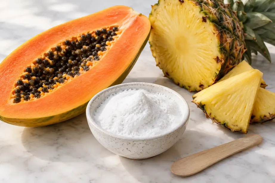 Przekrojona papaja i ananas obok miseczki z pianką peelingu enzymatycznego