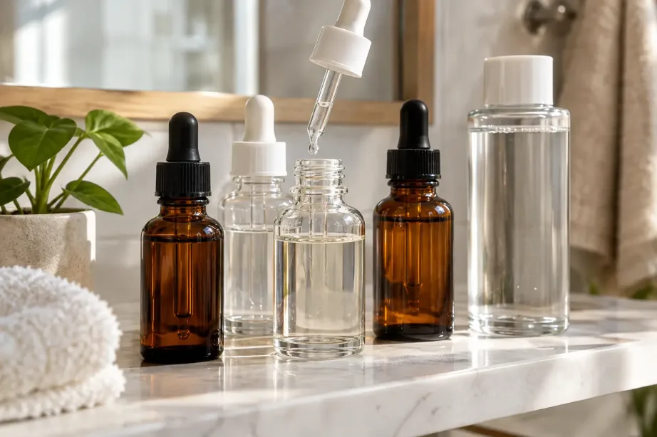 Szklane buteleczki serum z pipetami i tonik bez etykiet na półce w łazience