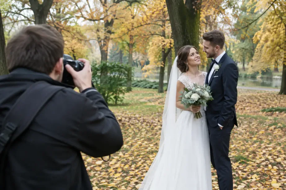 Fotograf ślubny robi zdjęcia uśmiechniętej parze młodej w parku