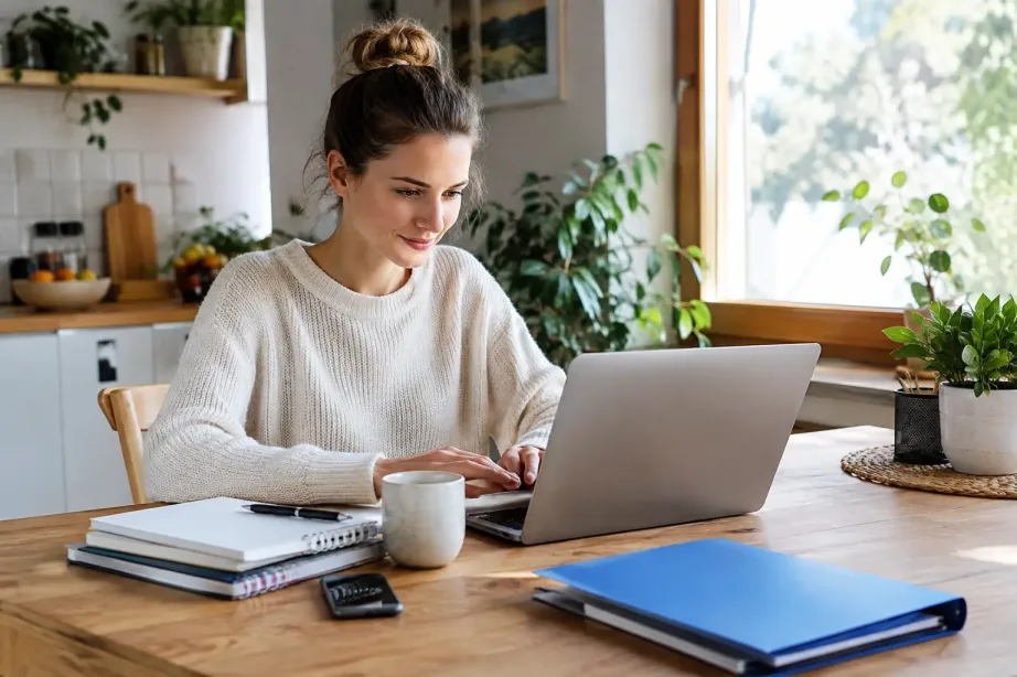 Młoda kobieta pracuje przy laptopie w domowym biurze urządzonym przy kuchennym stole