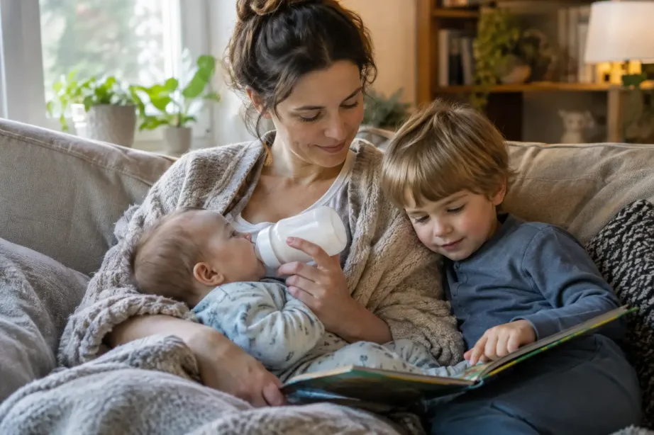 Mama karmi niemowlę butelką, a przedszkolak przytula się z boku i ogląda książeczkę