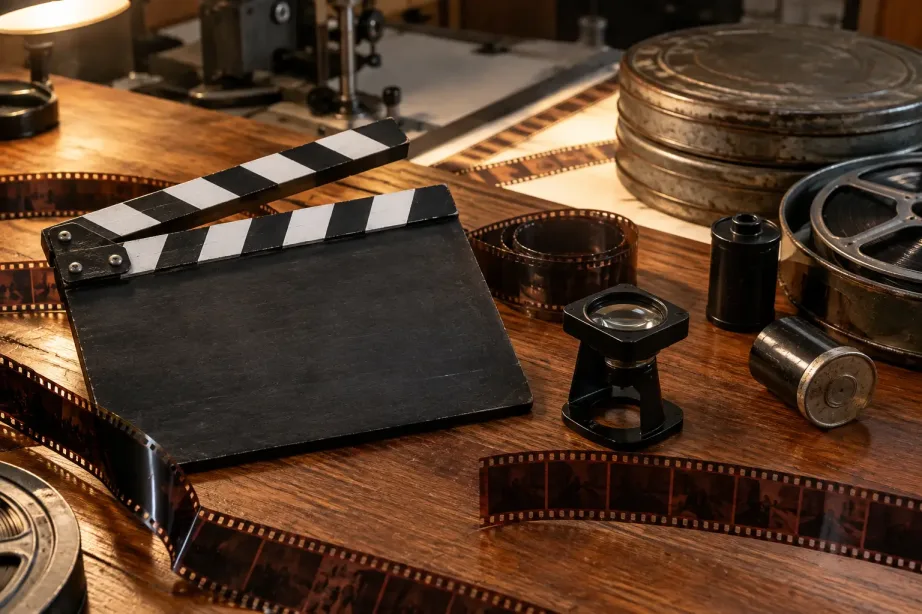 Drewniany klaps filmowy, paski starych negatywów, lupa i puszki na taśmy na stole montażowym