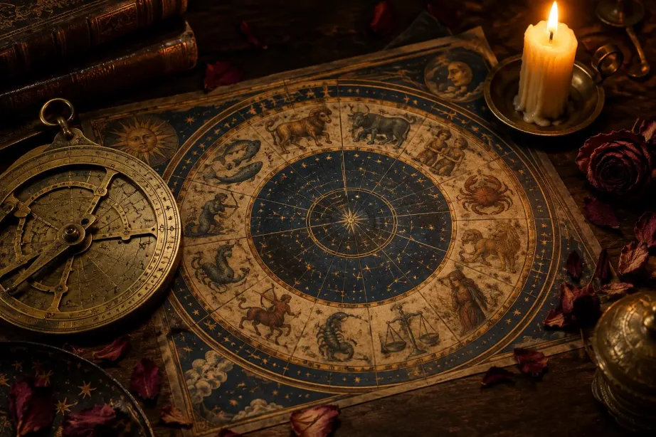 Stara mapa nieba z kołem zodiaku, mosiężne astrolabium, świeca i płatki róż na drewnianym stole