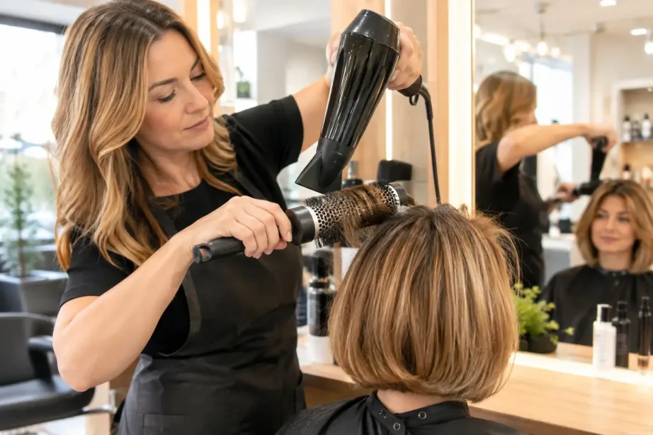 Fryzjerka modeluje okrągłą szczotką i suszarką boba klientki w jasnym salonie