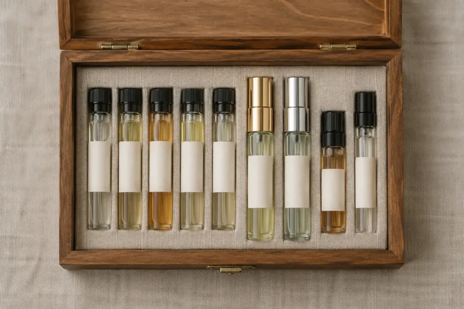 Małe szklane flakoniki z odlewkami perfum ułożone w drewnianym pudełku