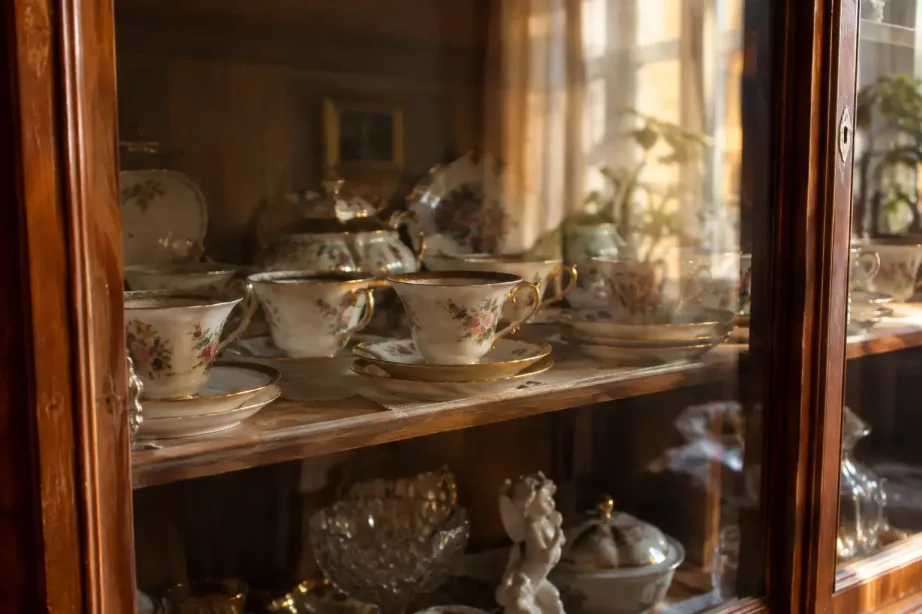 Porcelanowe filiżanki ze złotymi brzegami za szybą starej meblościanki