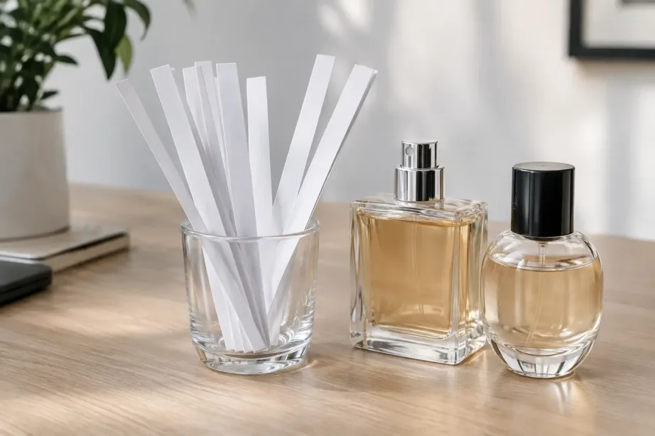 Białe papierowe paski testowe do perfum w szklance obok dwóch flakonów bez etykiet
