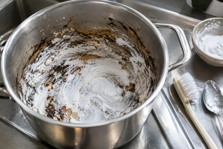 Biała pasta z sody oczyszczonej rozprowadzona na przypalonym dnie stalowego garnka, obok szczoteczka