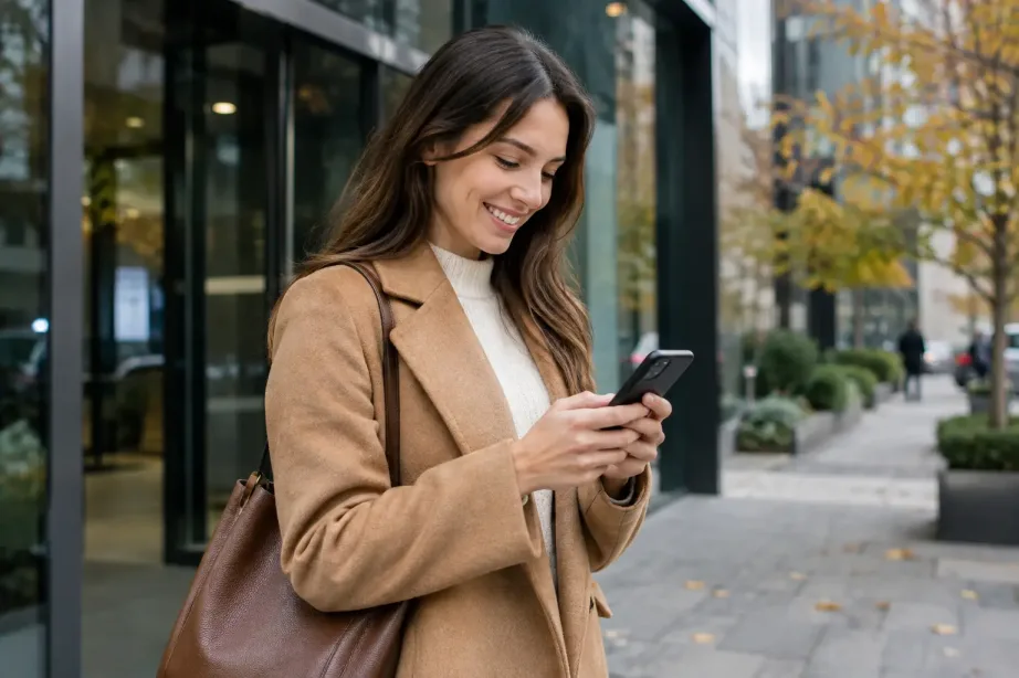 Uśmiechnięta kobieta w płaszczu pisze wiadomość na telefonie przed biurowcem