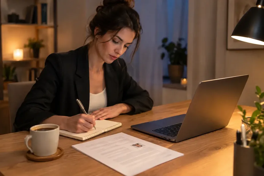Kobieta robi notatki przy laptopie i wydrukowanym CV, przygotowując się do rozmowy