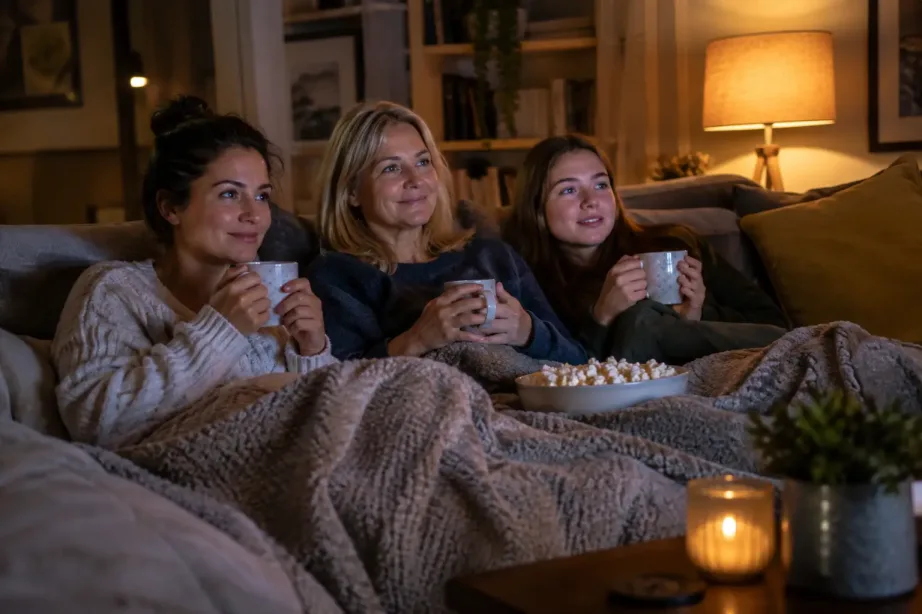 Trzy kobiety w różnym wieku oglądają film na kanapie pod kocem, z herbatą i popcornem