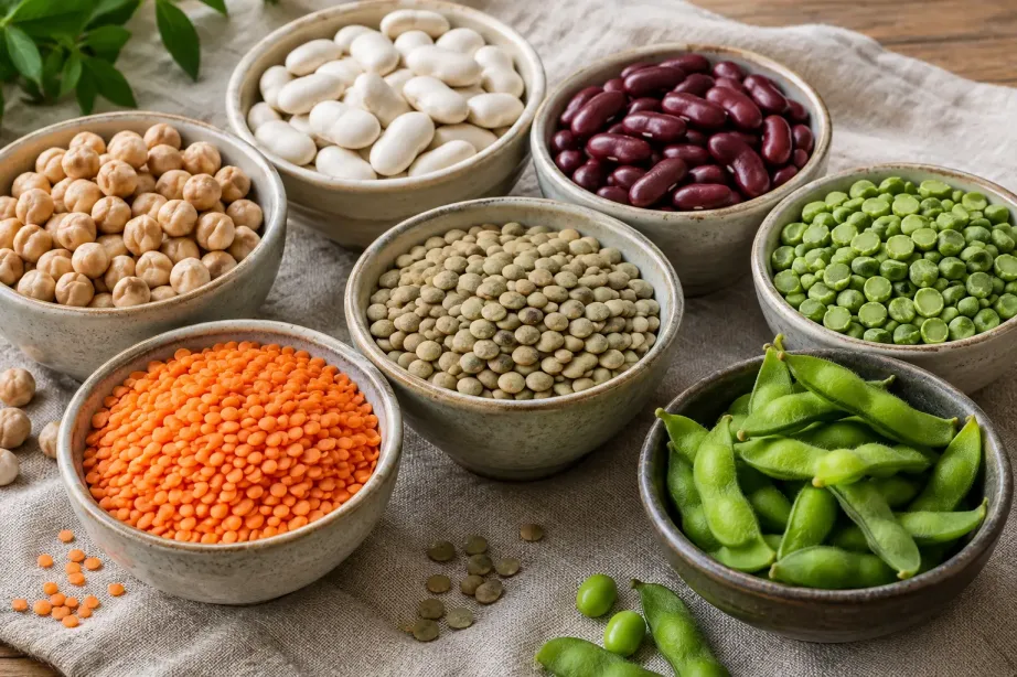 Miseczki z soczewicą czerwoną i zieloną, ciecierzycą, fasolą, grochem i edamame