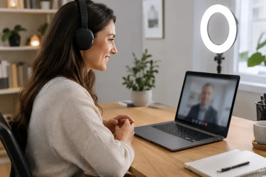Kobieta prowadzi rozmowę kwalifikacyjną online przez laptopa w uporządkowanym domowym biurze