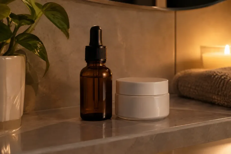 Bursztynowa buteleczka serum z pipetą i mały słoiczek kremu na półce w łazience wieczorem