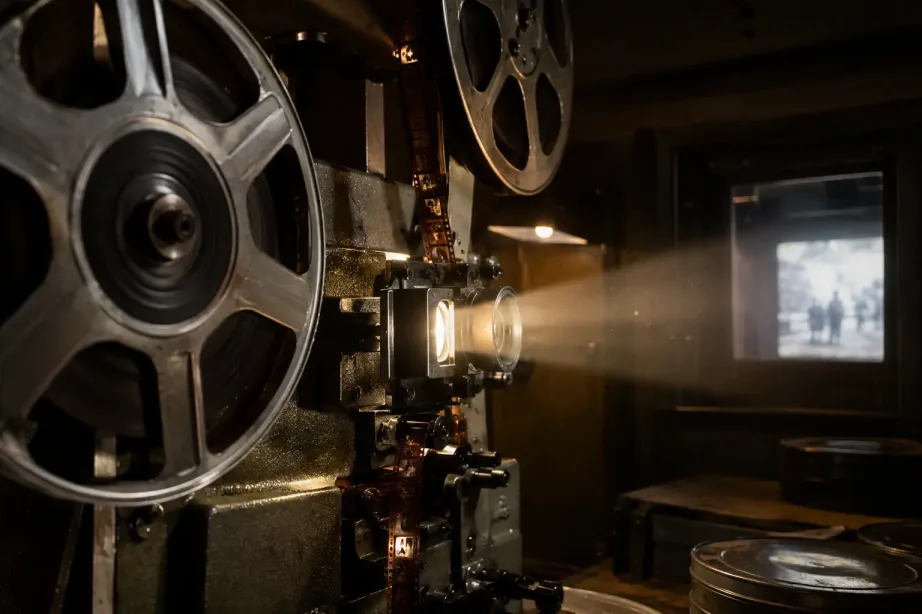 Stary projektor filmowy 35 mm z dużymi szpulami taśmy w kabinie projekcyjnej