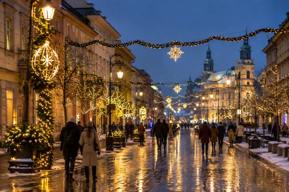 Świąteczne iluminacje nad historyczną ulicą w Warszawie wieczorem