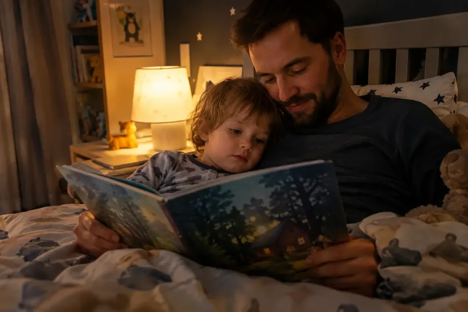 Tata czyta wieczorem książeczkę trzyletniemu synowi przytulonemu w łóżku przy lampce