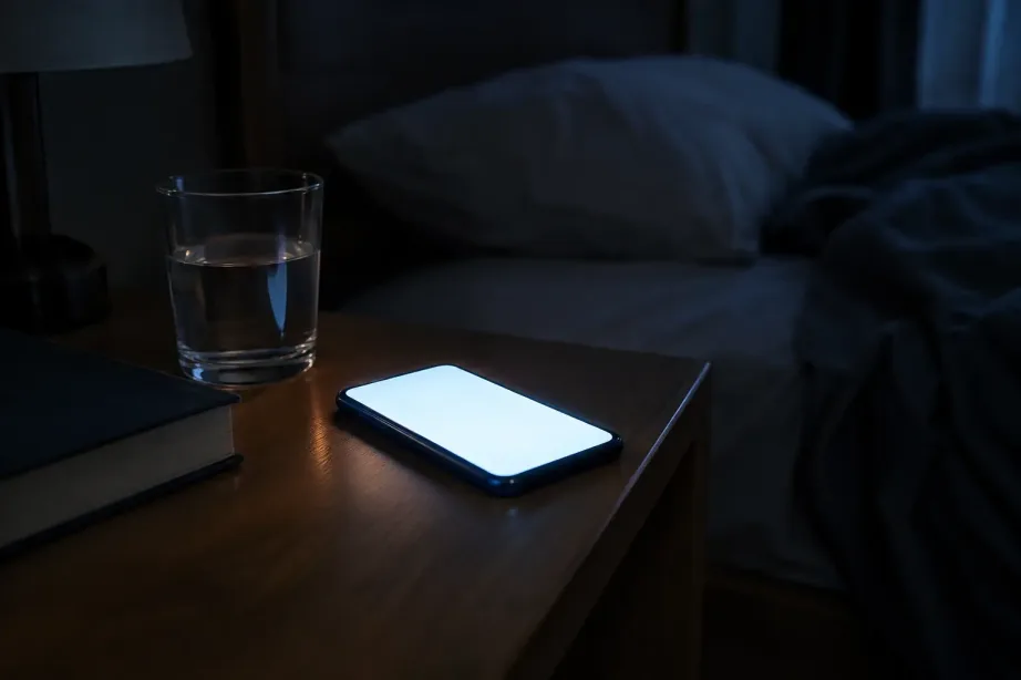 Świecący telefon na szafce nocnej obok szklanki wody i książki w ciemnej sypialni