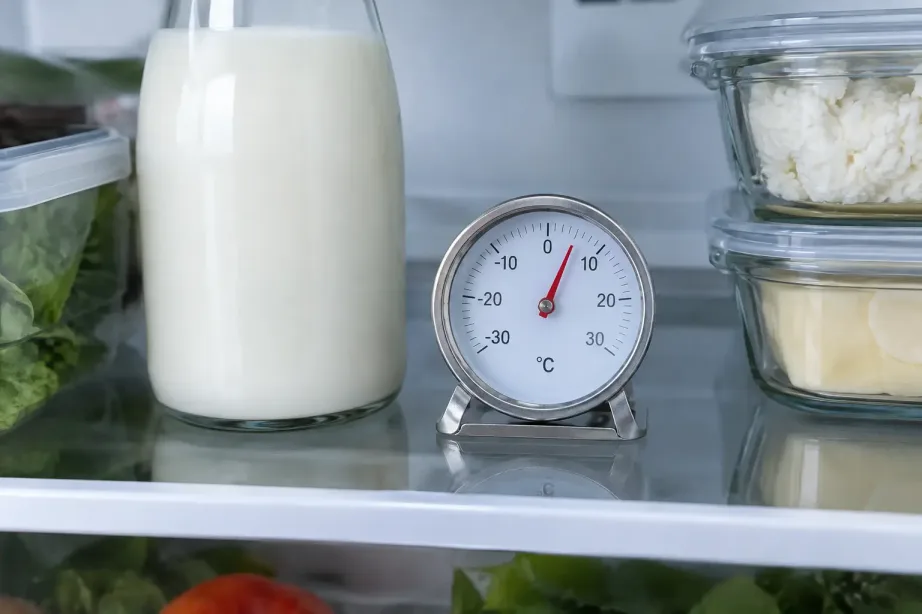 Mały termometr na szklanej półce w lodówce obok butelki mleka i pojemników