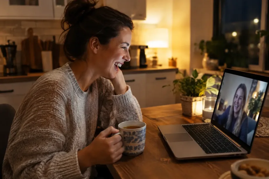 Kobieta wieczorem przy kuchennym stole śmieje się podczas wideorozmowy na laptopie, obok kubek herbaty
