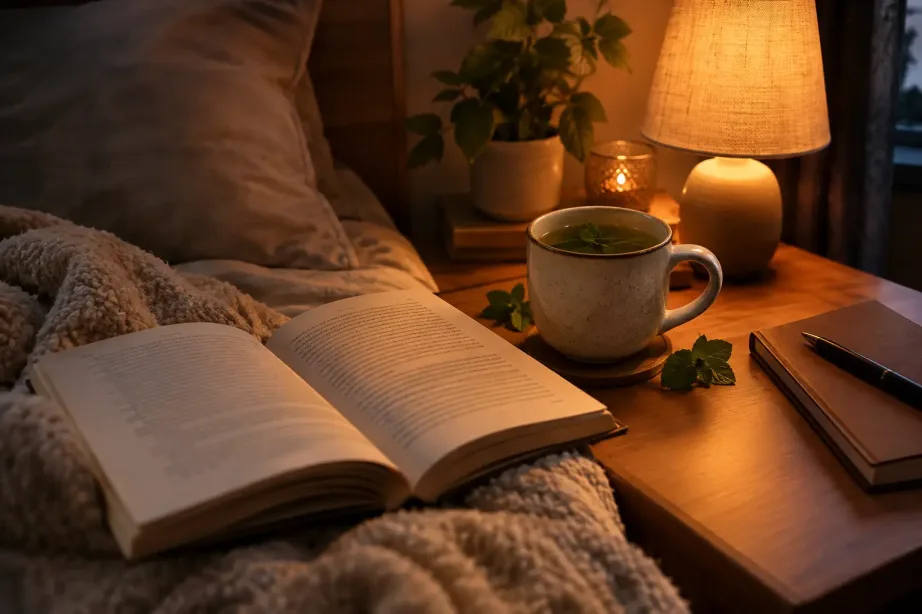 Kubek naparu z melisy, otwarta książka, notes i przyciemniona lampka przy łóżku