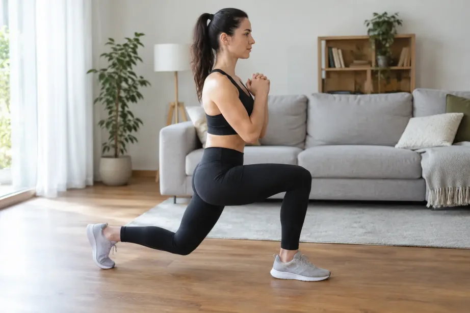 Kobieta w sportowych butach wykonuje wykrok w tył w salonie, tylne kolano tuż nad podłogą