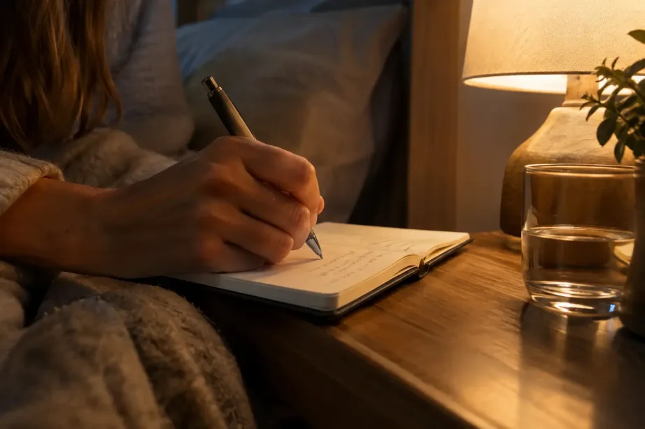 Dłoń kobiety zapisuje coś w małym notesie na szafce nocnej obok lampki i szklanki wody
