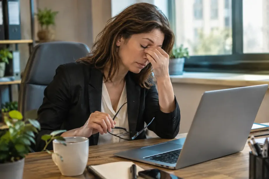 Zmęczona kobieta przeciera oczy przy laptopie w biurze
