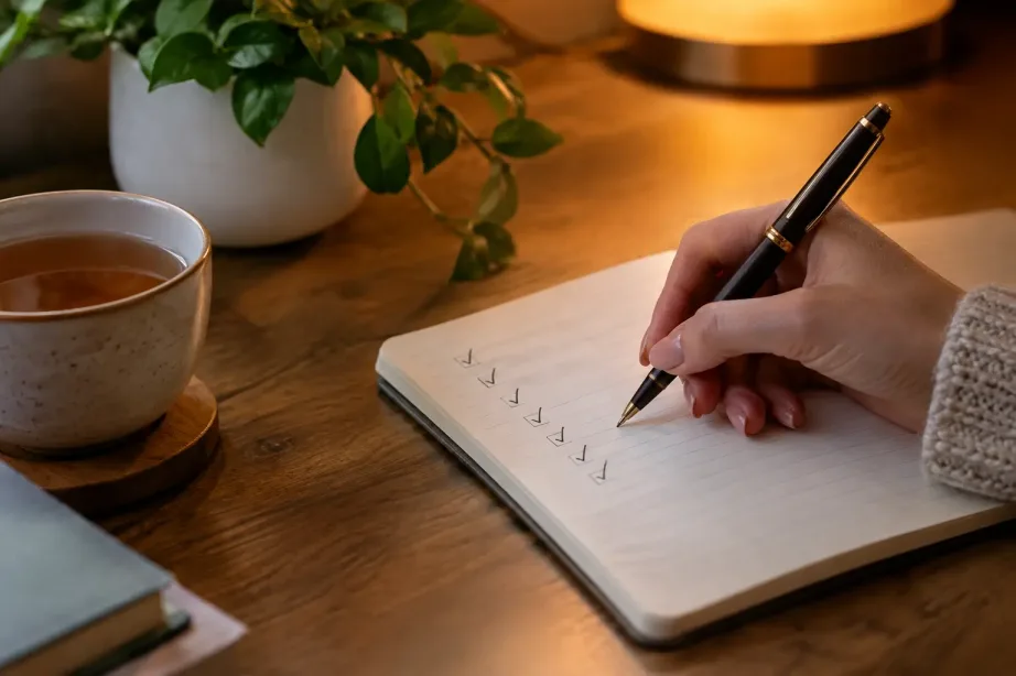 Dłoń kobiety zapisuje długopisem krótką listę z odhaczonymi punktami w notesie na drewnianym biurku