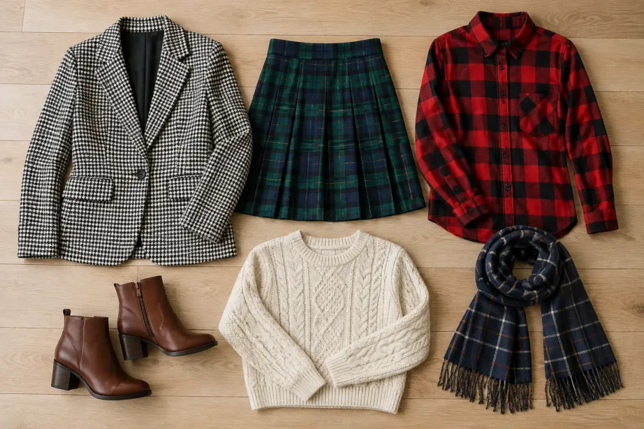 Ubrania w różne rodzaje kraty ułożone na podłodze: marynarka w pepitkę, spódnica w tartan, koszula w kratę buffalo i szal w kratę