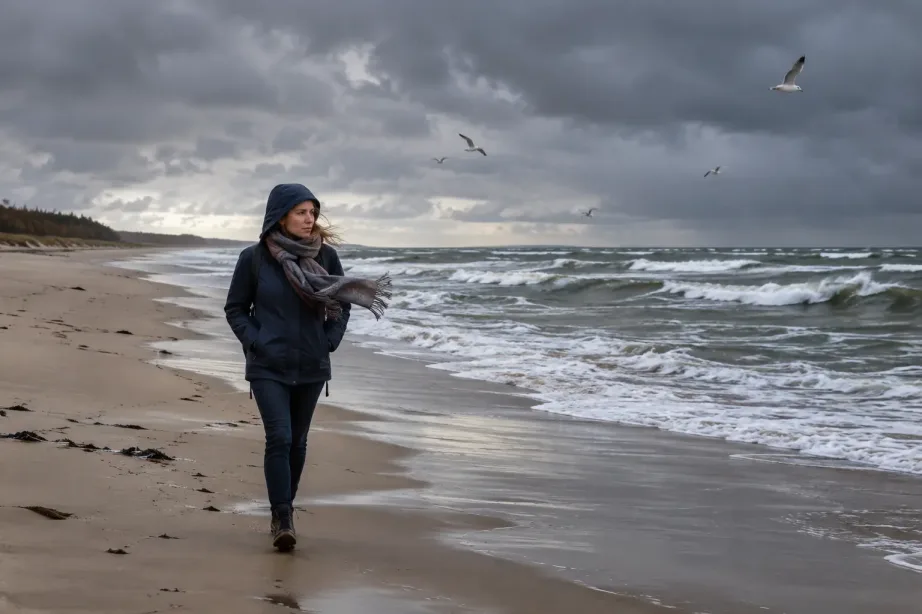 Kobieta w kurtce z kapturem idzie samotnie szeroką, pustą plażą nad wzburzonym jesiennym morzem