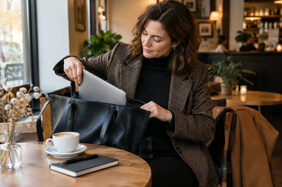 Kobieta przy stoliku w kawiarni wyjmuje laptopa z dużej czarnej skórzanej torby typu shopper