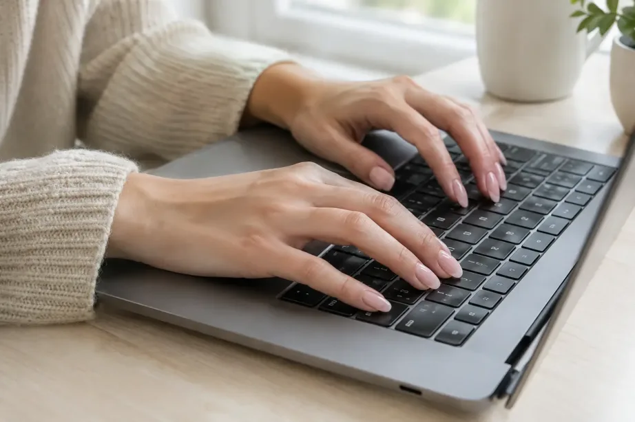 Dłonie kobiety z paznokciami w mlecznym, półprzezroczystym kolorze nude piszą na klawiaturze laptopa