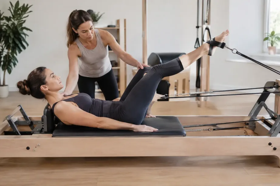 Kobieta ćwiczy na drewnianym reformerze do pilatesu, instruktorka koryguje jej ułożenie