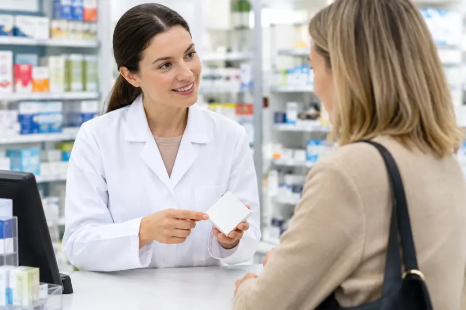 Farmaceutka w białym fartuchu rozmawia z klientką przy aptecznej ladzie, trzymając opakowanie leku
