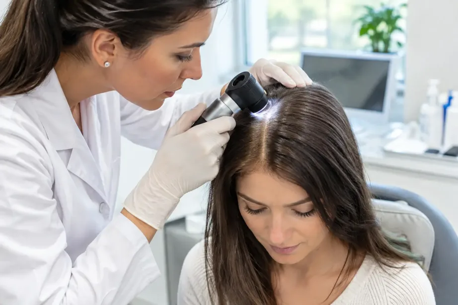 Dermatolożka ogląda skórę głowy pacjentki przez ręczny dermatoskop w jasnym gabinecie