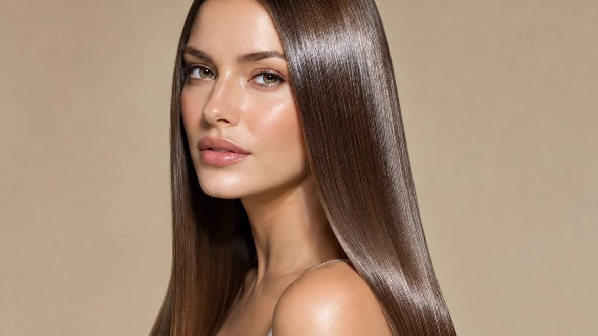 Kobieta z lśniącymi, prostymi włosami w stylu glass hair