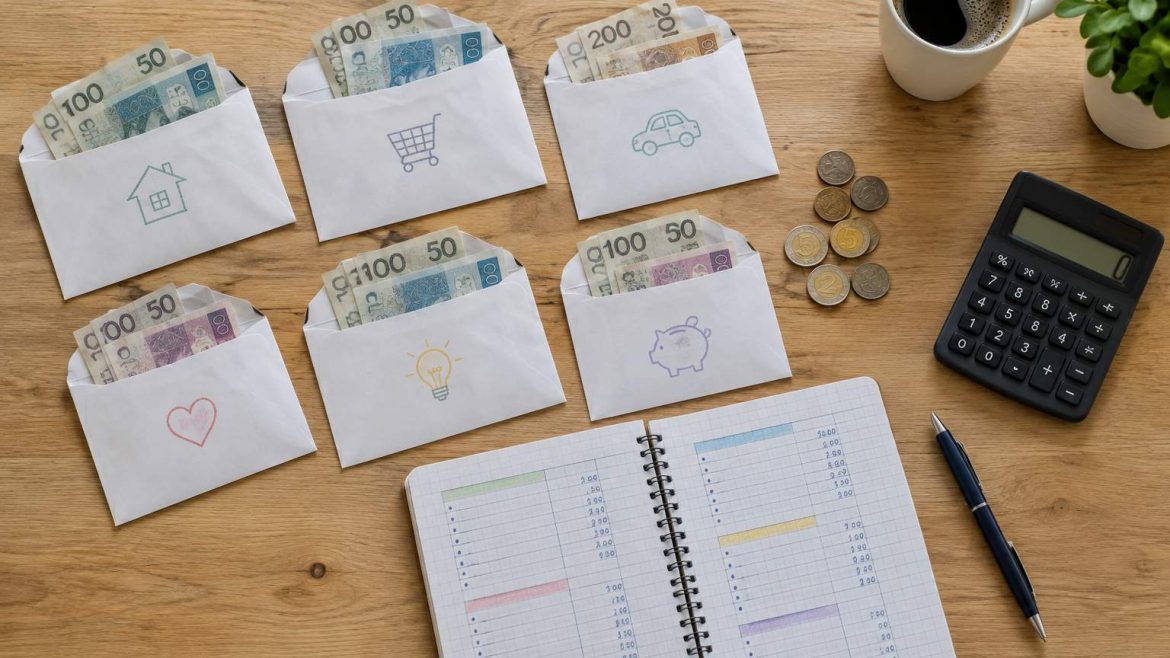 Koperty z banknotami, notes z rozpisanym budżetem, długopis i kalkulator na drewnianym stole