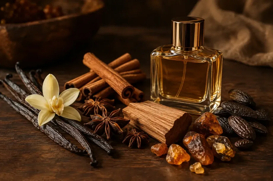 Laski wanilii, cynamon, anyż, kawałek drewna sandałowego, żywica i bezmarkowy flakon perfum na ciemnym stole