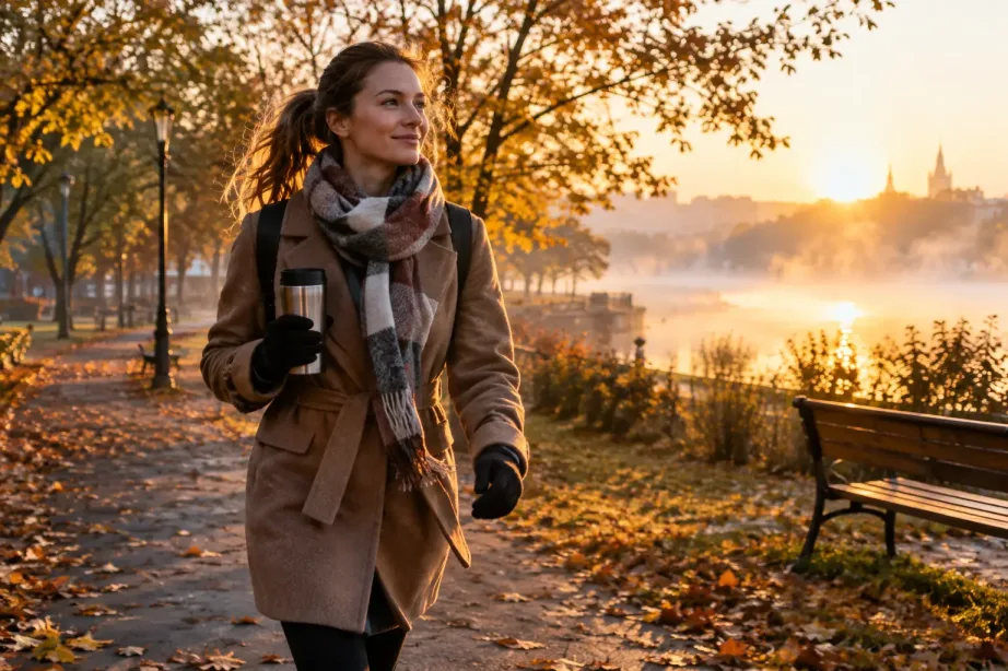 Kobieta w płaszczu i szaliku idzie rano przez park w niskim, złotym świetle jesiennego słońca