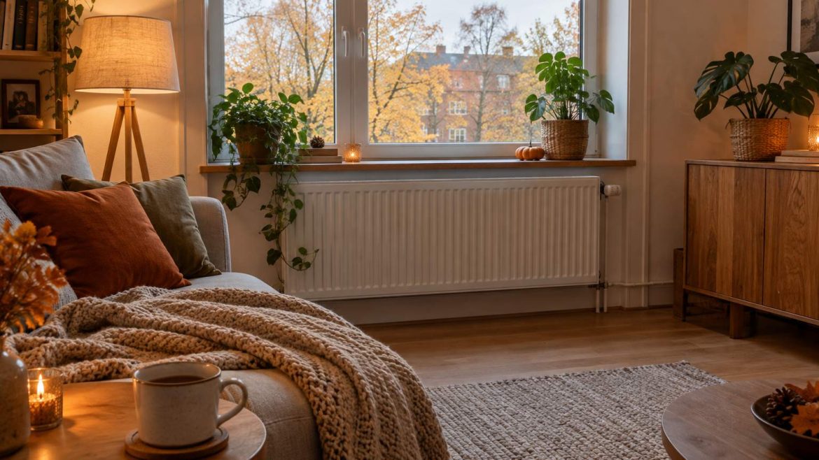 Przytulny salon jesienią z białym kaloryferem pod oknem, kocem na kanapie i kubkiem herbaty
